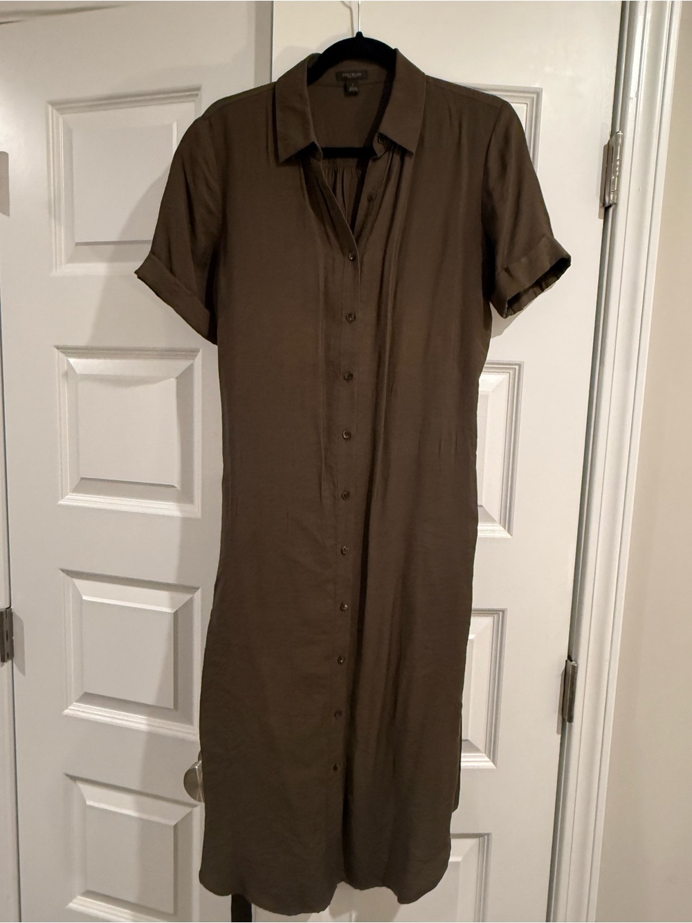 Ann Taylor Brown Shirt Dress Midi Button Front Tie Waist Size Small